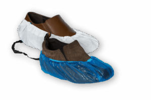Shoes inside white and blue shoe covers. Shoes inside white and blue shoe covers.