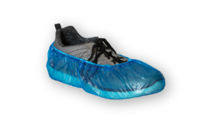 Tennis shoe inside blue plastic shoe cover. Tennis shoe inside blue plastic shoe cover.