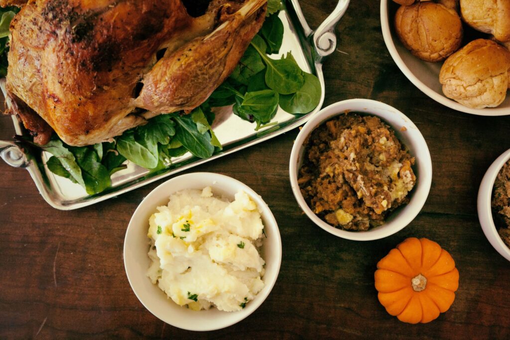 Thanksgiving family dinner on the table during the COVID-19 pandemic.