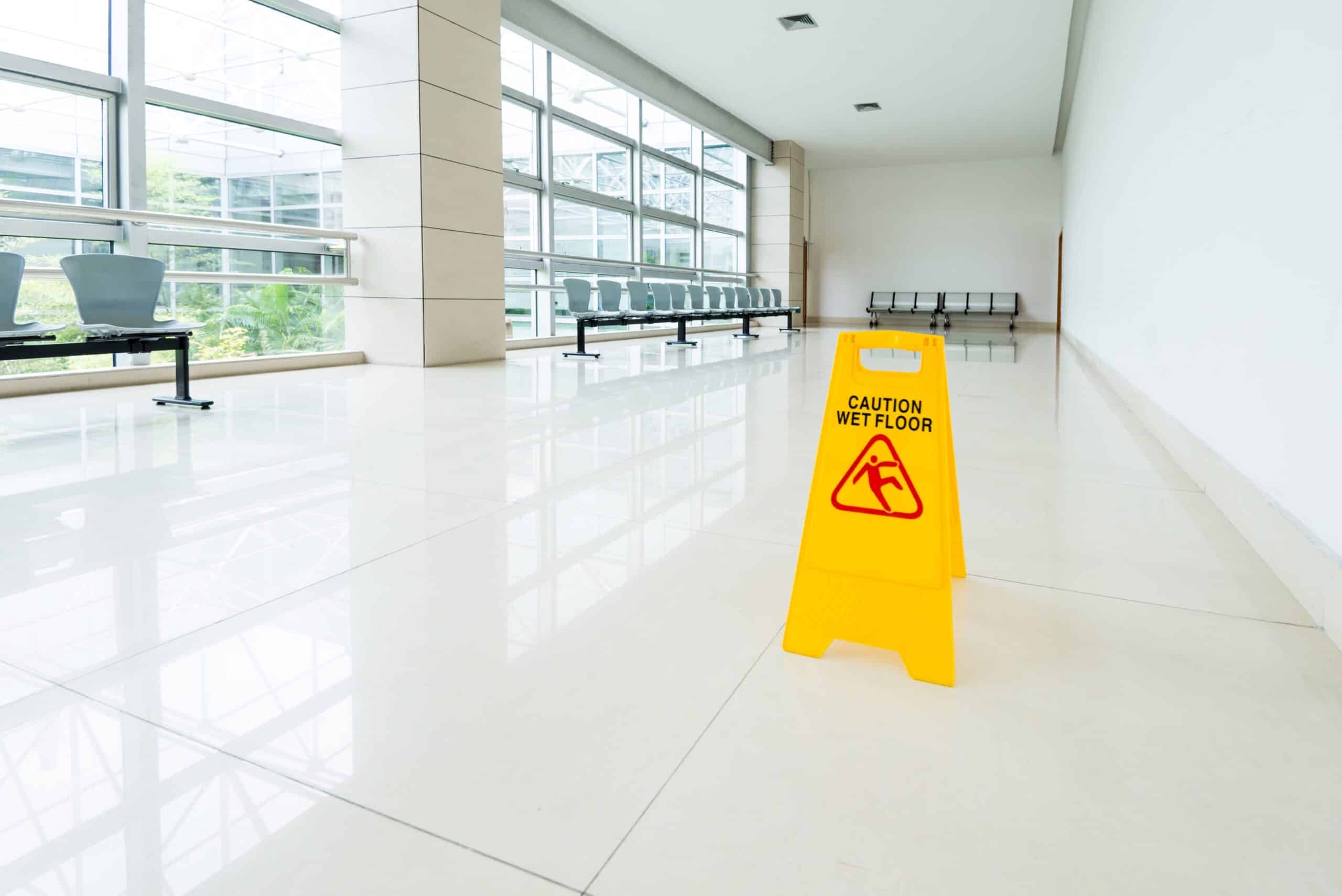 Sign showing warning of wet floor, a significant risk factor of slip and fall injuries.
