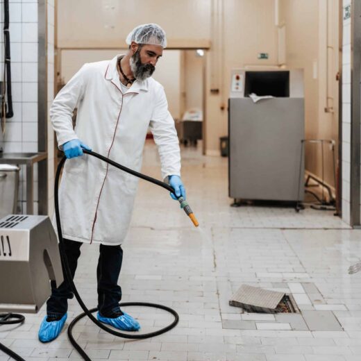 Middle age male working in industrial slaughterhouse and finishing his daily job. He is cleaning and washing food processing plant floor and machinery production lines with water. Middle age male working in industrial slaughterhouse and finishing his daily job. He is cleaning and washing food processing plant floor and machinery production lines with water.