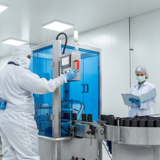 Workers in full protective gear operate a modern pharmaceutical production line. Quality control inspector and factory workers operating automated packaging machinery in a sterile pharmaceutical manufacturing facility.