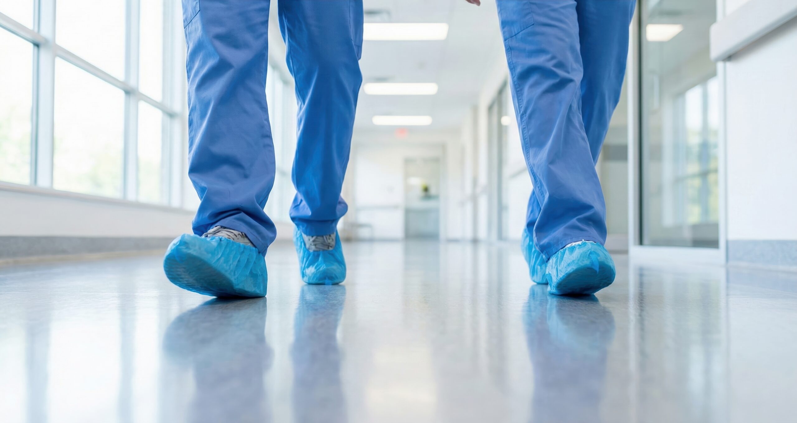 Medical professionals in blue scrubs and shoe covers walk purposefully through a bright, clean hospital hallway.