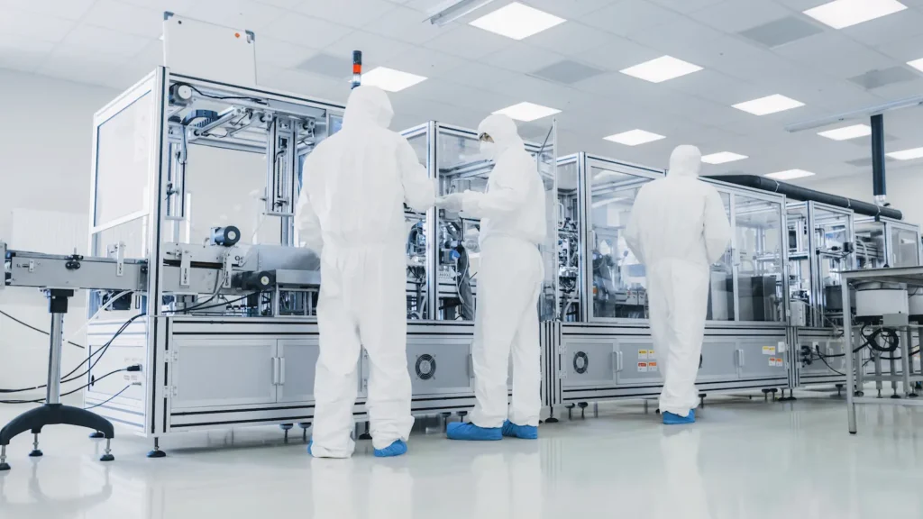 Medical manufacturing production workers wearing protective clothing and shoe covers.